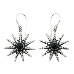 Ornamented sun with black agate gemstone center vintage beaded sterling silver earrings by BeYindi