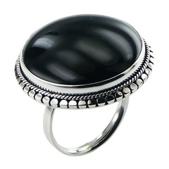 Antiqued glossy black agate hand soldered ornate silver ring by BeYindi