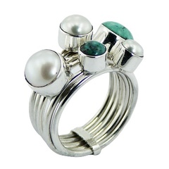 Freshwater Pearls Turquoise Cluster 925 Silver Stacked Ring by BeYindi 