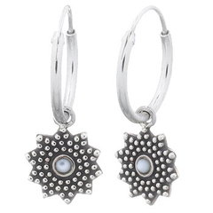 Mother Of Pearl Sunflower Silver Hoop Earrings by BeYindi 