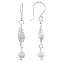 Freshwater Pearl Wire Wrapped 925 Silver Dangle Earrings by BeYindi 