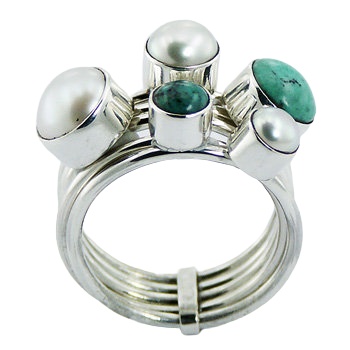 Freshwater Pearls Turquoise Cluster 925 Silver Stacked Ring by BeYindi 2