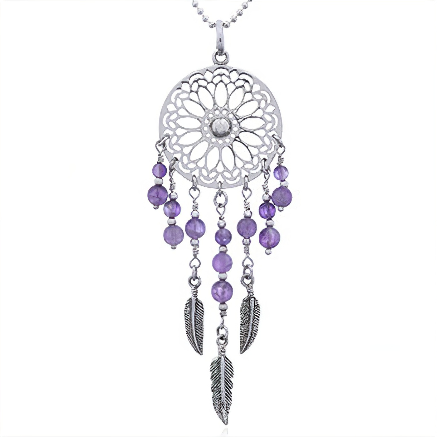 Silver Mandala Dreamcatcher Pendant Amethyst Beads by BeYindi 