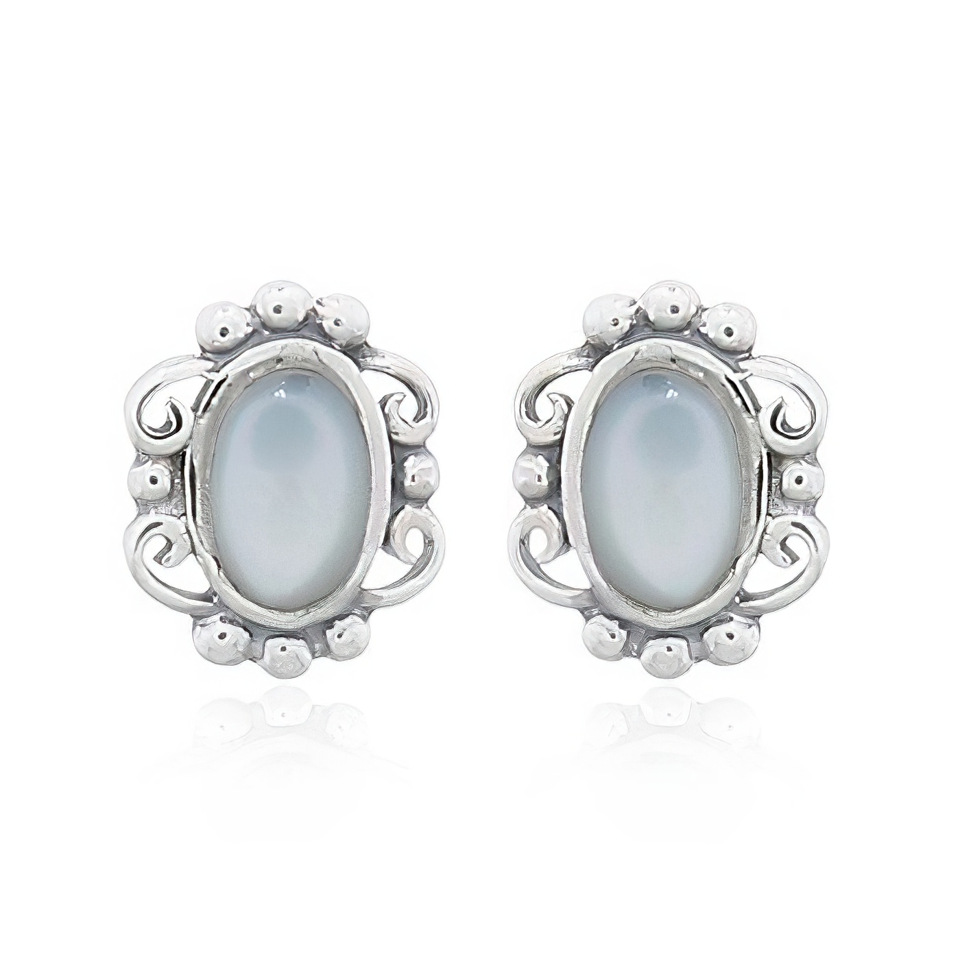 Mother Of Pearl Oval Filigree Silver Stud Earrings by BeYindi 