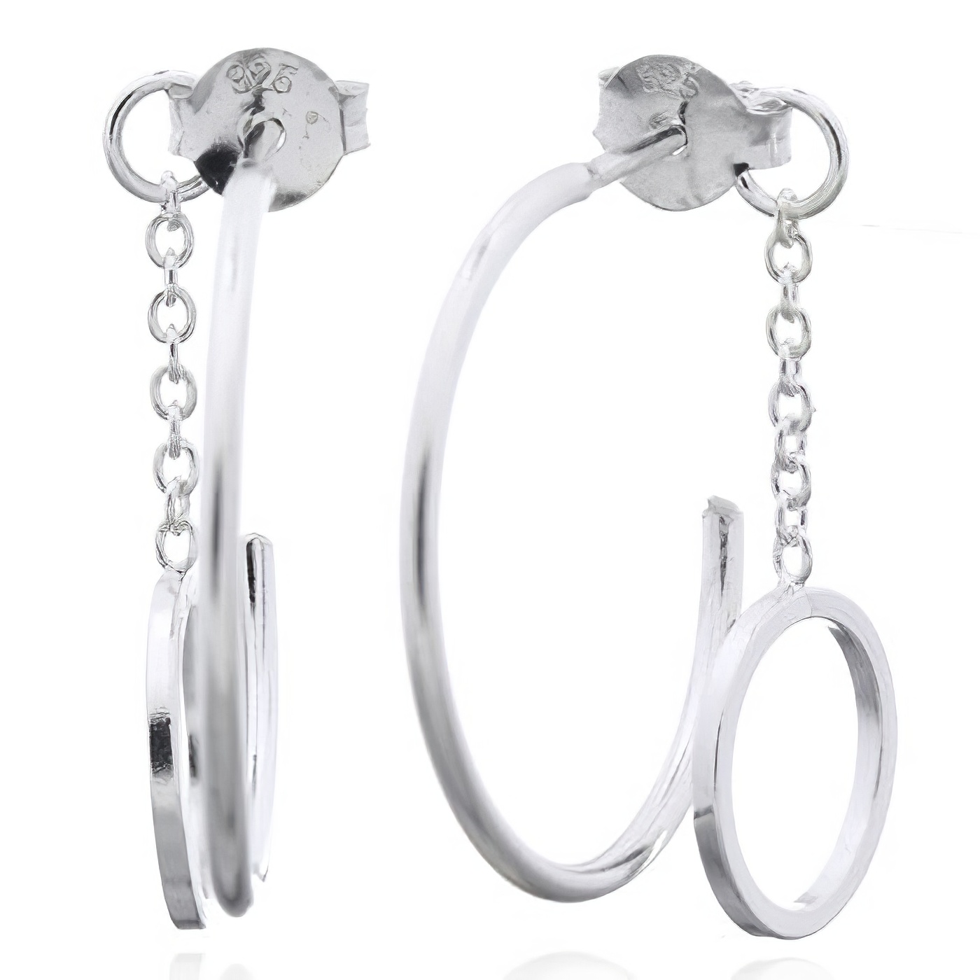 Open Hoop Stud With Connected Hanging Circle 925 Silver Earrings by BeYindi 