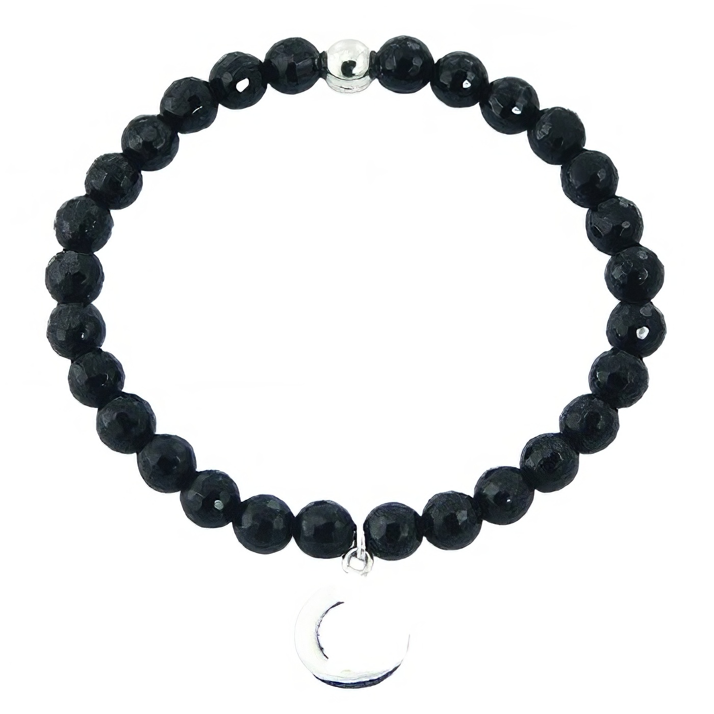 Black Agate Bead Stretch Bracelet 925 Silver Peace Charm by BeYindi 