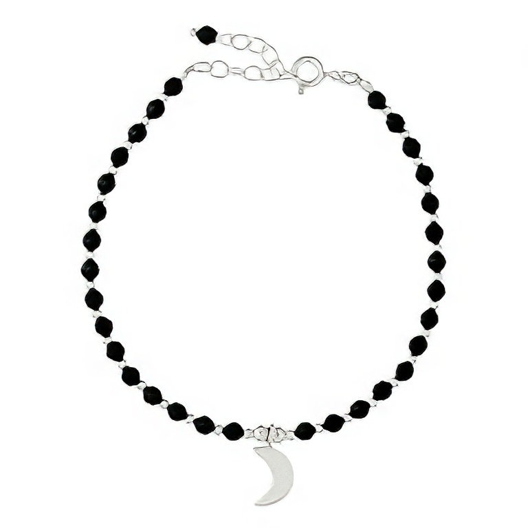 Black Agate & Silver Beads Bracelet Crescent Moon Charm by BeYindi 