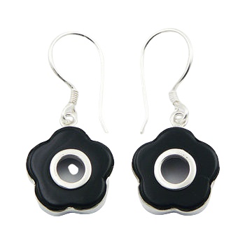 Cute dangle flower shaped contrast black agate and polished sterling silver earrings by BeYindi 