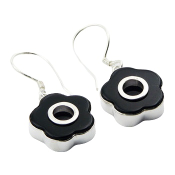 Cute dangle flower shaped contrast black agate and polished sterling silver earrings by BeYindi 