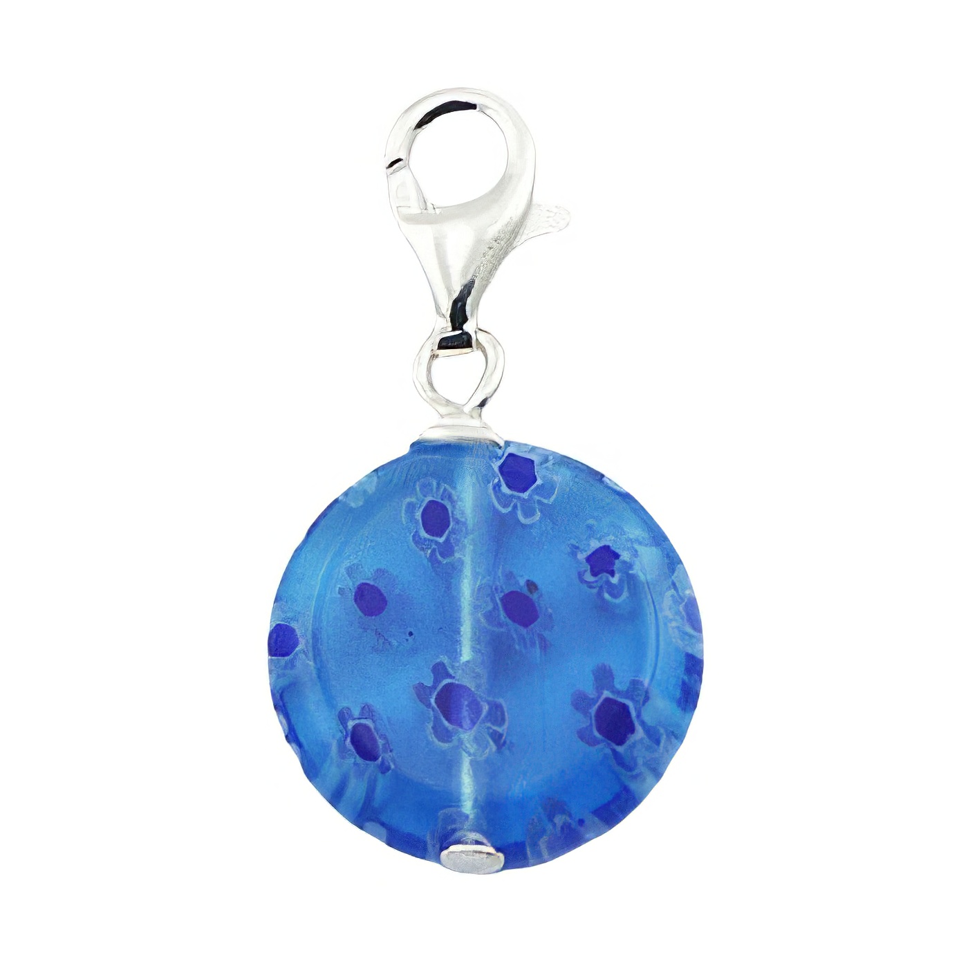 Murano glass blue disc with dark blue flowers sterling silver charm by BeYindi 