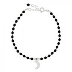 Black Agate & Silver Beads Bracelet Crescent Moon Charm by BeYindi