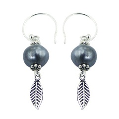 Exclusive ornate silver feather black freshwater pearl earrings by BeYindi