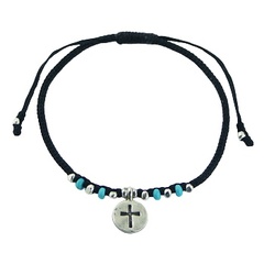 Macrame Bracelet Silver Disc with Cross and Turquoise Beads by BeYindi
