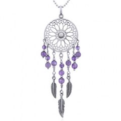 Silver Mandala Dreamcatcher Pendant Amethyst Beads by BeYindi