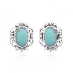 Reconstituted Stone Green Oval Filigree Silver Stud Earrings by BeYindi