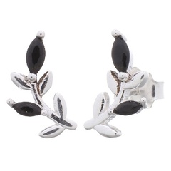 Curvy Leaf 925 Silver With Black Cubic Zirconia Stud Earrings by BeYindi 