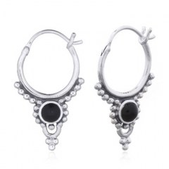 Boho Ethnic Style Hoop Reconstituted Black Stone 925 Silver Earrings by BeYindi 