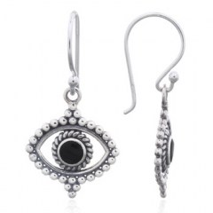 Extraordinary Evil Eye Reconstituted Black Stone Silver Dangle Earrings by BeYindi 