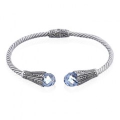 Blue Mystic Faceted Crystal Top Floral Silver Hinged Bangle by BeYindi