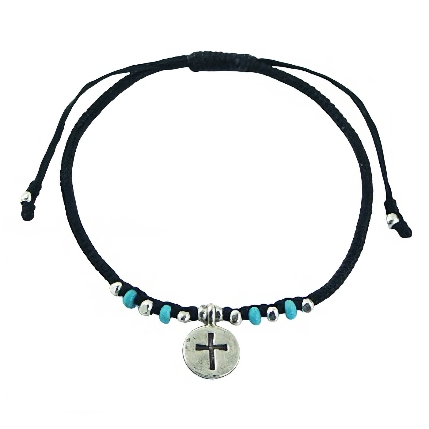 Macrame Bracelet Silver Disc with Cross and Turquoise Beads by BeYindi 