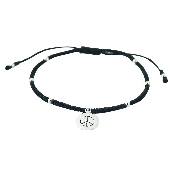 Macrame Bracelet 925 Silver Peace Symbol Charm & Sphere Beads by BeYindi 