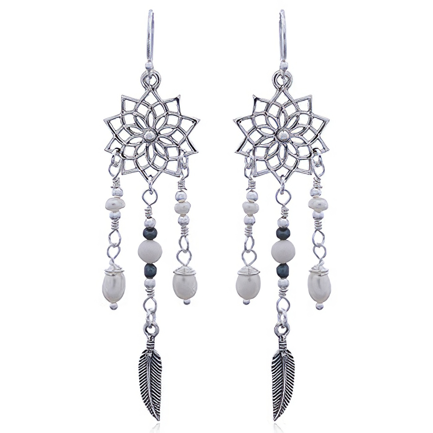 Silver Lotus Flower Earrings with Freshwater Pearls by BeYindi 