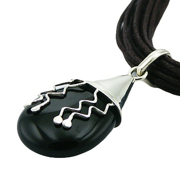925 Silver Gemstone Pendant Black Agate Playful Wavy Lines by BeYindi 