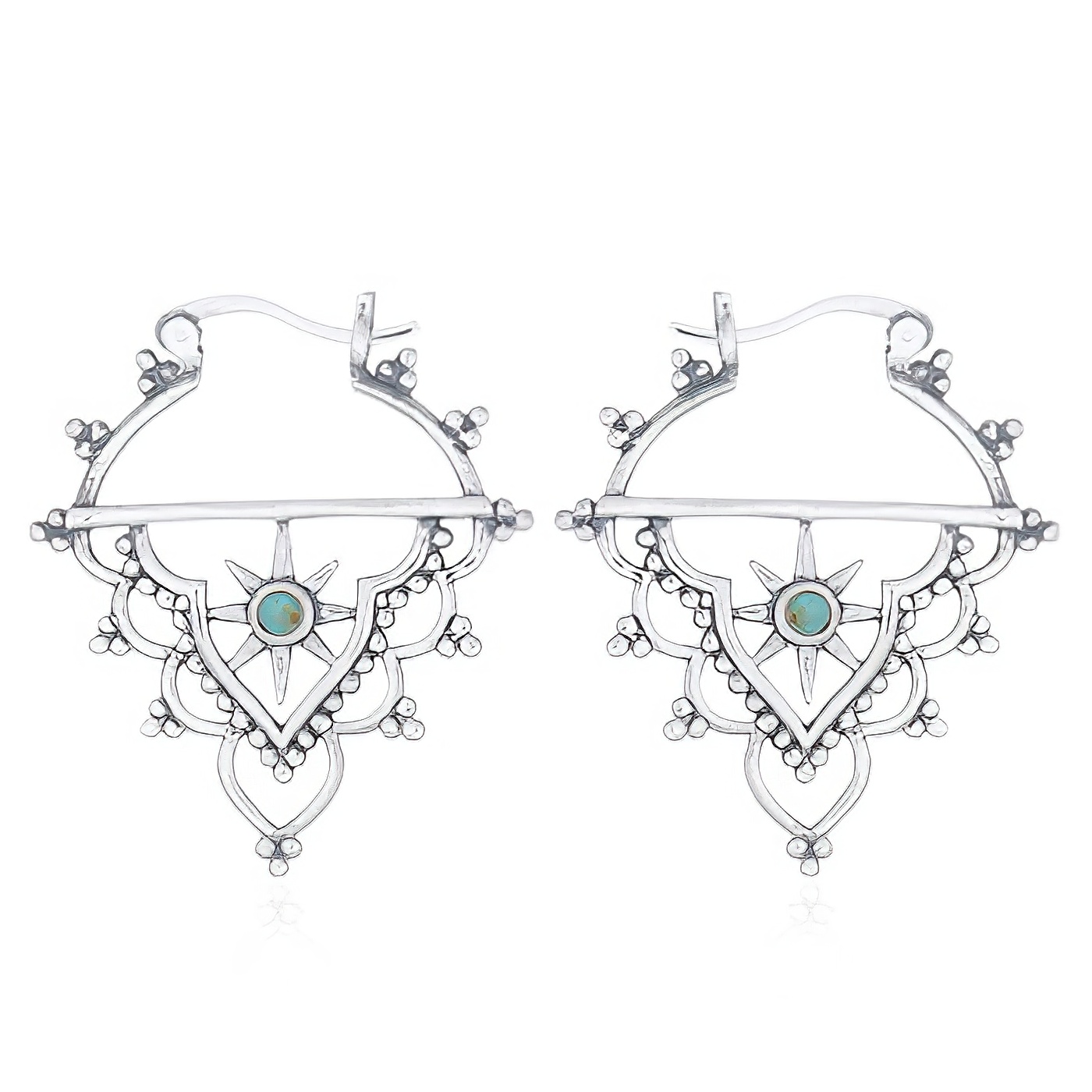 Star Focus Antique Silver Hoop Earrings With Green Constituted Stone by BeYindi 