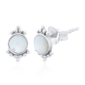 Antiqued Mother Of Pearl Silver Dotted Stud Earrings by BeYindi 