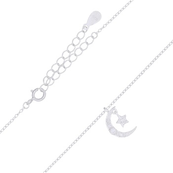 Cubic White Zirconia Moon And Star 925 Silver Chain Necklace by BeYindi 