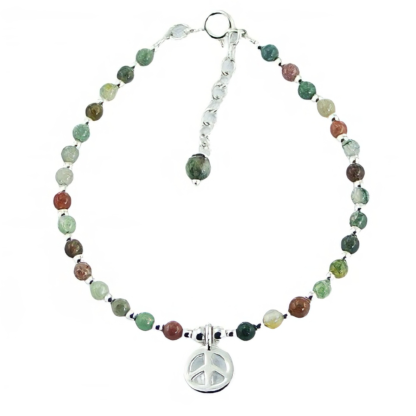 Multicolored Round Agate Bead Bracelet with Silver Peace Charm by BeYindi 