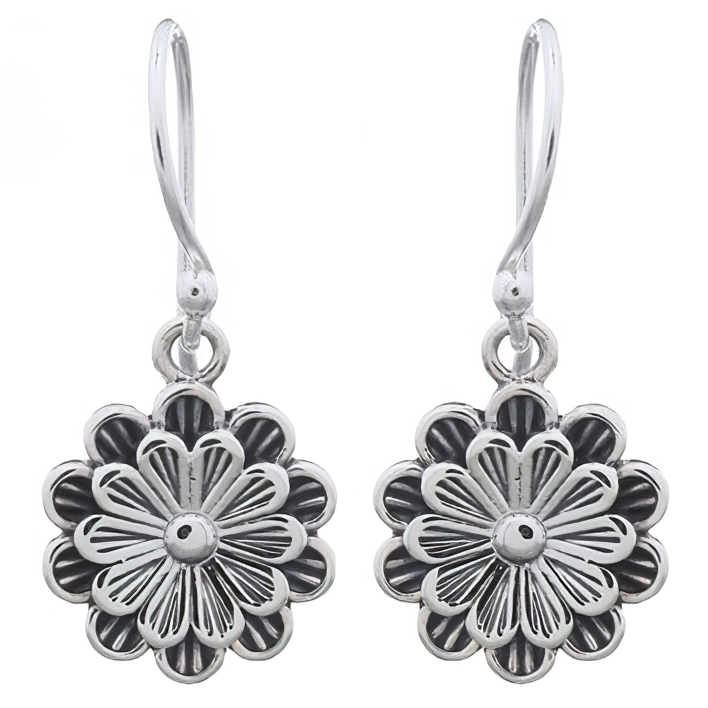 Lovely Ornamented Flower Dangle Sterling Silver Earrings by BeYindi 