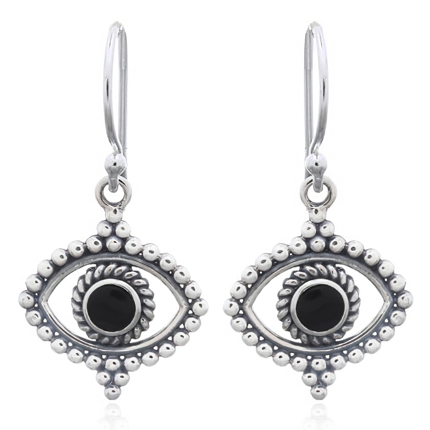 Extraordinary Evil Eye Reconstituted Black Stone Silver Dangle Earrings by BeYindi 